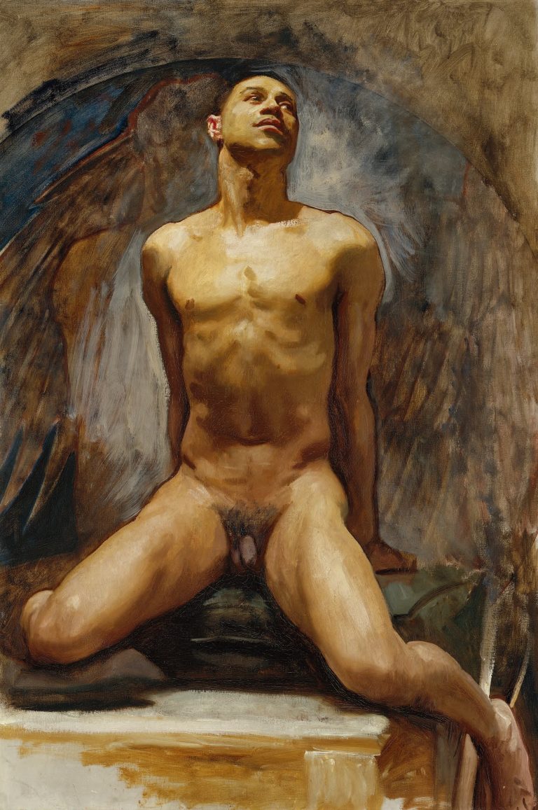 An intimate, private oil study of the artist's Black muse, capturing the model with eroticized, classical idealism