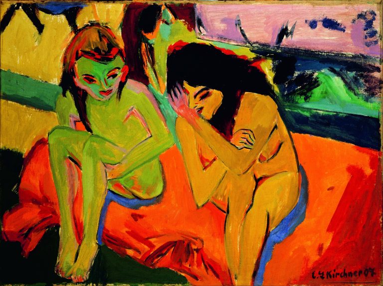 Two naked women in a moment of intimate conversation