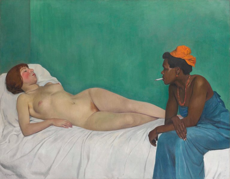 A provocative, ambiguous contrast between a nude white woman reclining on a bed and a clothed black woman sitting beside her