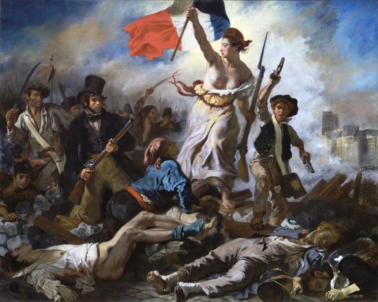 An allegorical, bare-breasted Liberty (Marianne) wielding the Tricolor flag, leading a diverse crowd over barricades