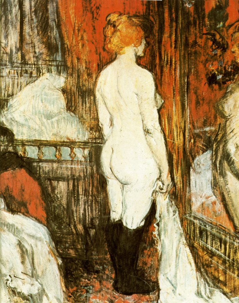 A red-haired woman, likely a prostitute, seen from behind with her back to the viewer, wearing only black stockings and assessing her reflection in a mirror