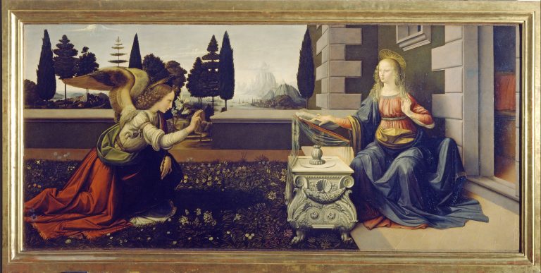 Highly detailed, naturalistic scene of the Angel Gabriel announcing Jesus's birth to Mary
