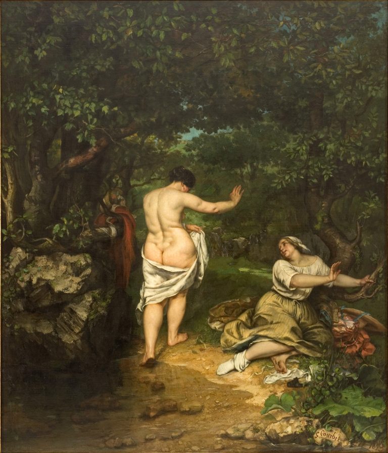 Two women—one nude and sturdy, the other partially draped—in a rural landscape without classical or mythological justification