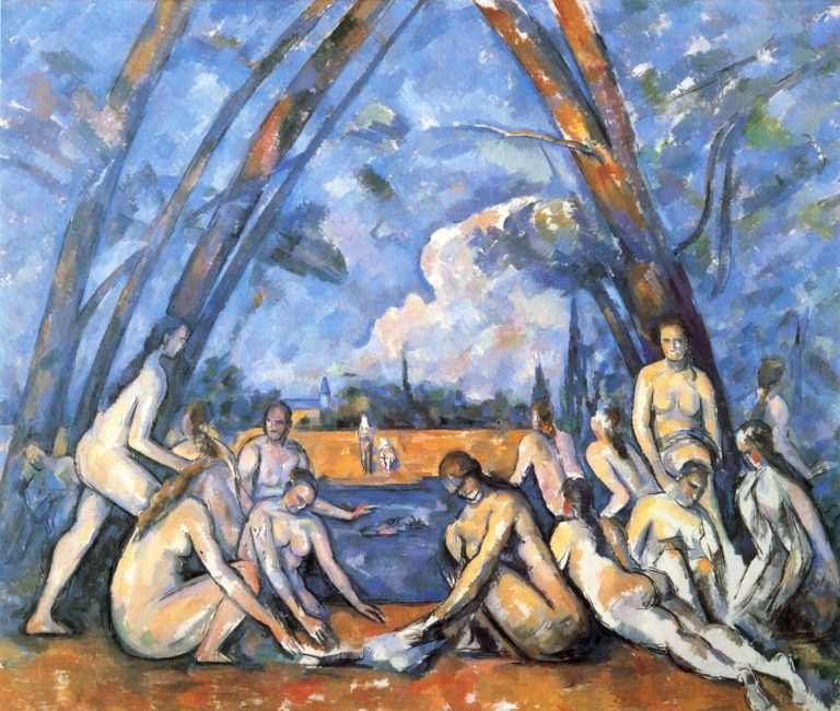 Eleven nude figures in a rustic, wooded landscape.