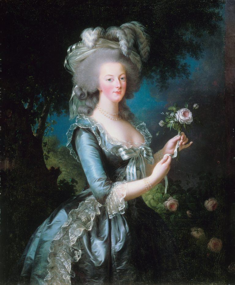 Portrait of the French queen Marie Antoinette, replacing a scandalous, informal 1783 version with one showing her in a formal blue-gray silk gown, holding a pink rose to symbolize her natural beauty and charm