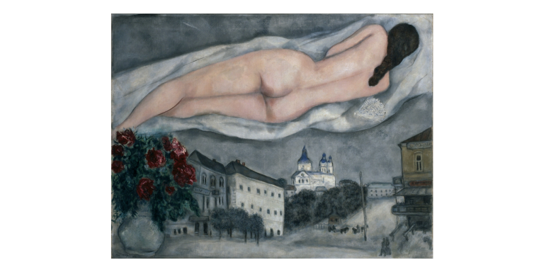 A sensual female form floating above the cityscape of Vitebsk, blending dreamlike imagery with vibrant colors