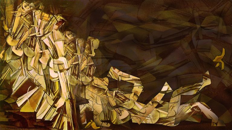 A figure demonstrating an abstract movement in its ochres and browns