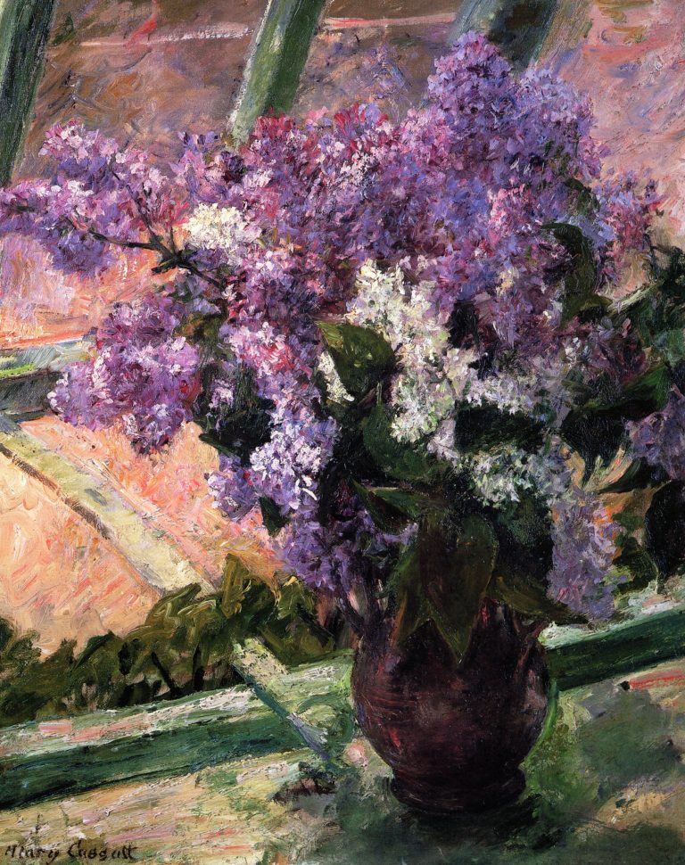 A dark aubergine vase holding purple and white lilacs on a windowsill. It features, loose, expressive brushwork, capturing sunlight