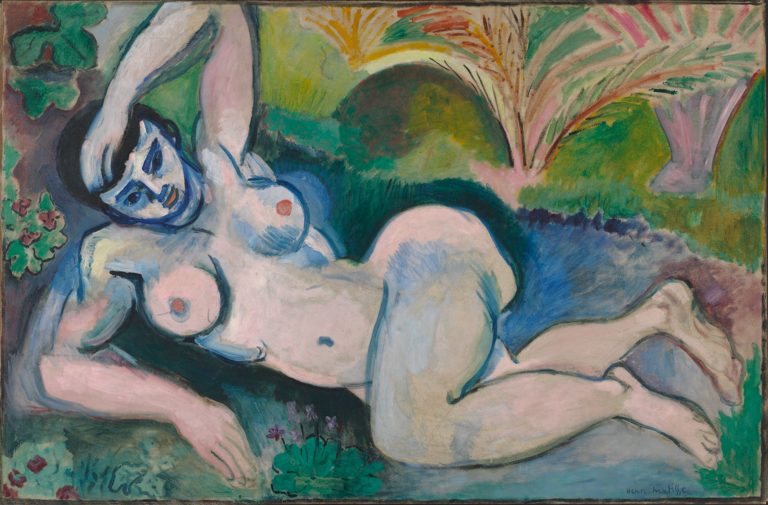 A distorted, muscular female figure reclining in a stylized Mediterranean landscape