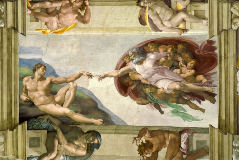 God transmitting the spark of life to a reclining Adam, focusing on the nearly touching fingers