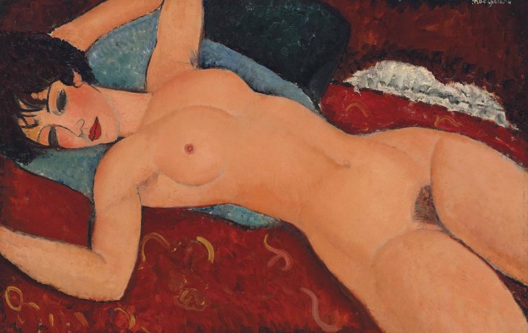 A naked woman's stylized, outlined body, seen close-up and from above, spans the entire canvas