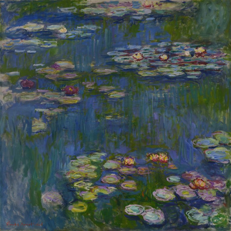 Giverny pond, focusing solely on the water's surface, sky reflections, and flora without a horizon line