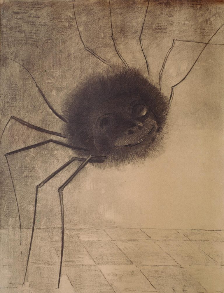Symbolist charcoal drawing (noirs) featuring an unsettling, hybrid creature with a human face on a hairy spider body