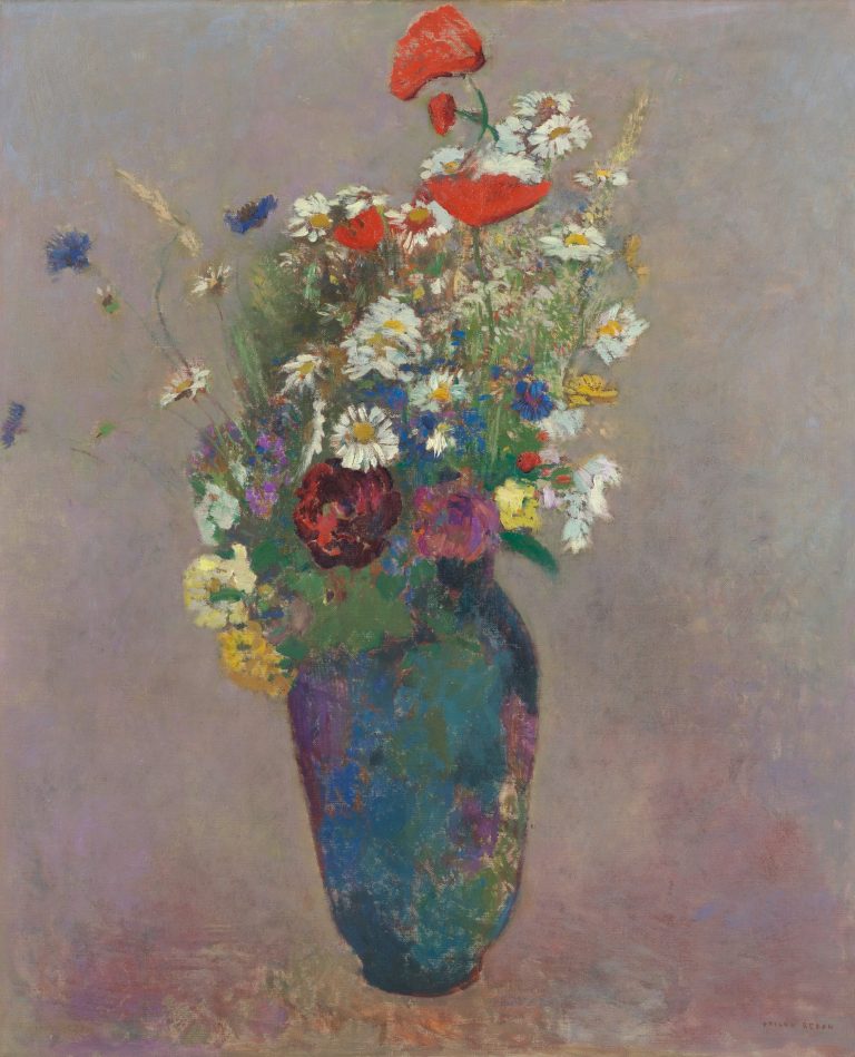 A greenish vase filled with a vibrant bouquet of poppies, daisies, and cornflowers, set against an abstract, atmospheric background