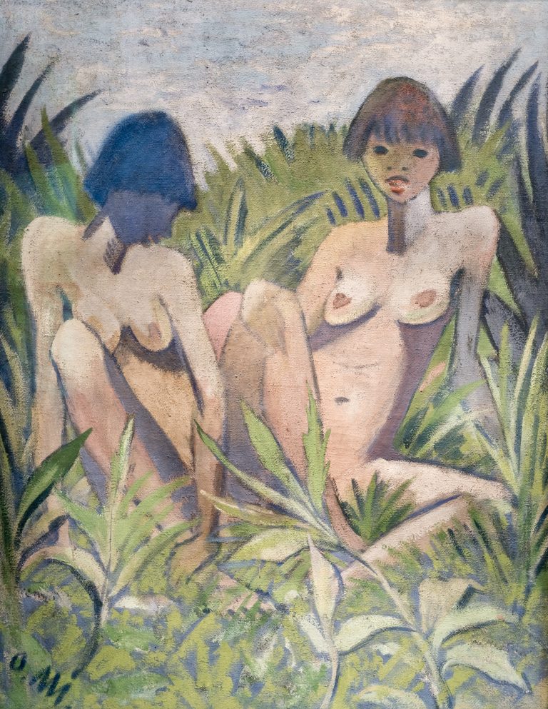 Elongated and angular female bodies painted in soft colours and imbued with a highly sensuous naivety