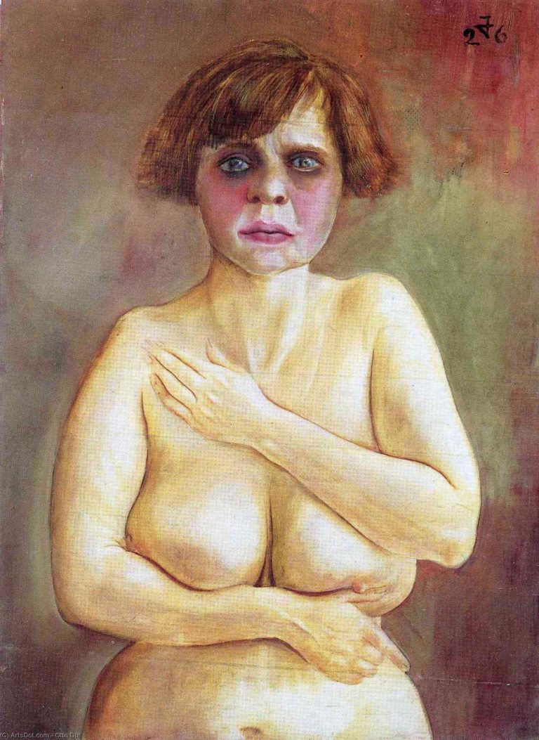 A naked woman is depicted in a frontal pose against a muted background, with an intense gaze that seems to confront the viewer