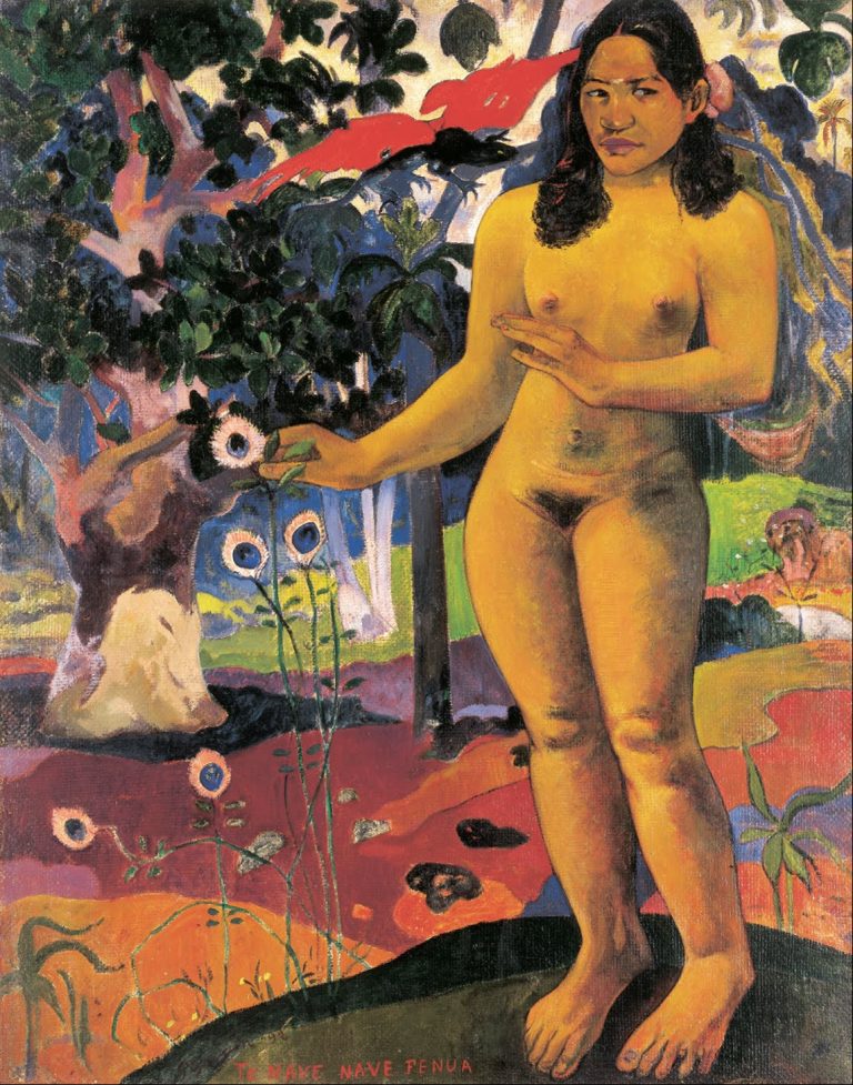 A Tahitian Eve in a lush, stylized tropical landscape with a fantastical lizard (representing the devil) and a peacock-like plant, blending Polynesian culture with European religious themes