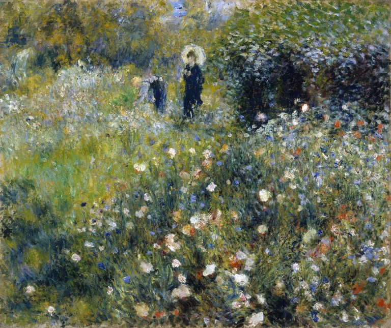 A woman holding a parasol, likely Renoir's future wife Aline Charigot, walking through a lush, vibrant garden in Montmartre, Paris