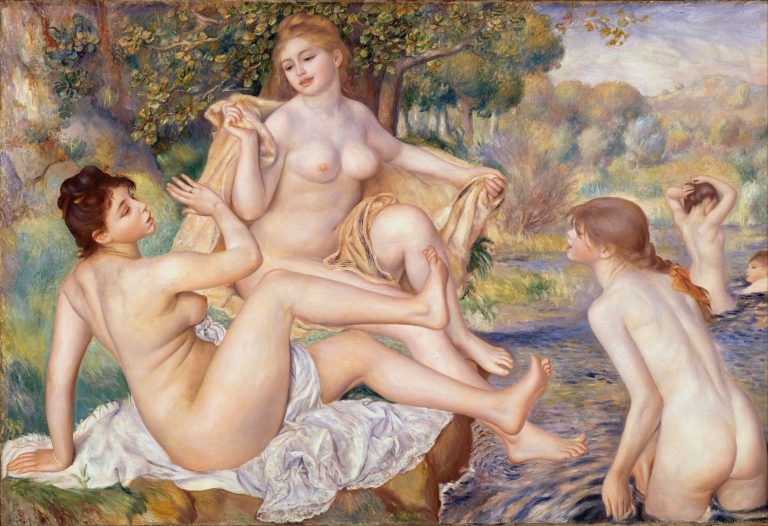 Nudes in the foreground with precise outlines, set against a loosely painted, impressionistic landscape