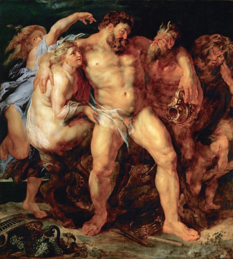 Intoxicated Hercules struggling to walk, supported by a satyr and a nymph