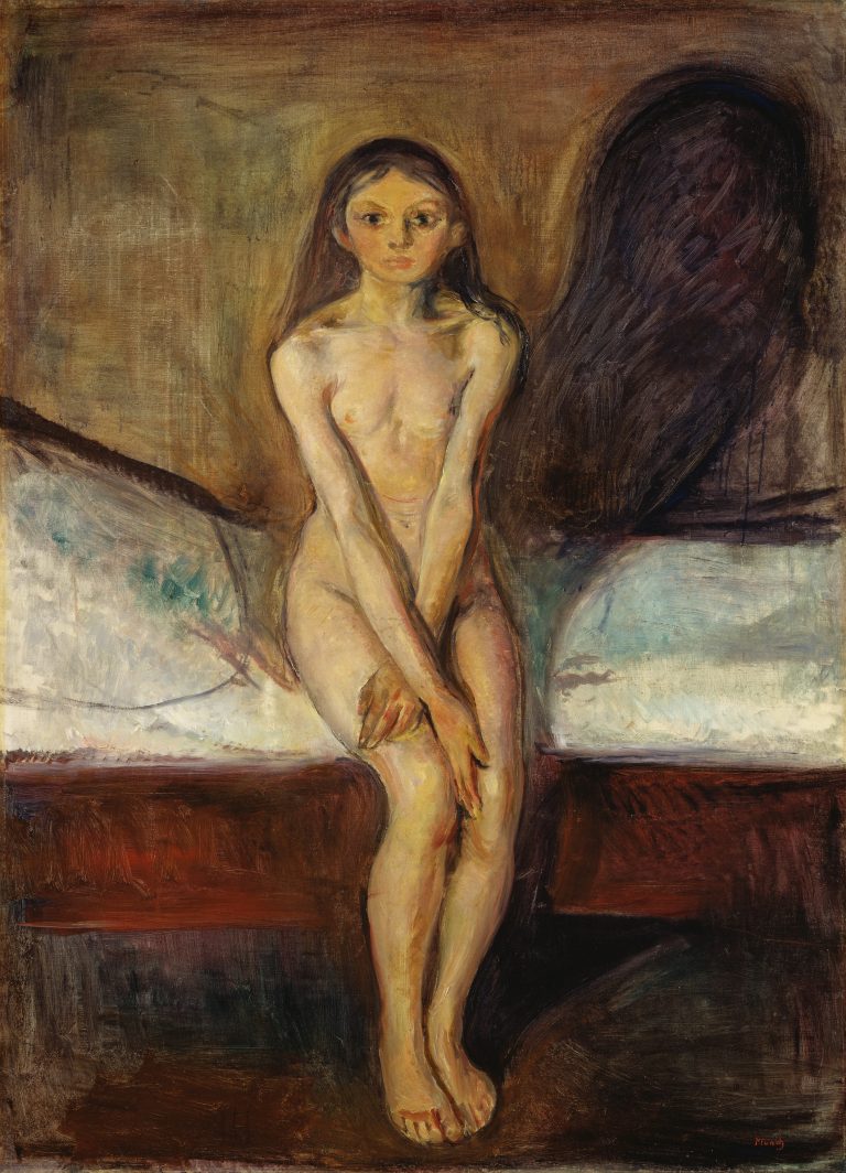 A naked young girl sitting on a bed's edge, embodying profound anxiety, vulnerability, and awakening sexuality