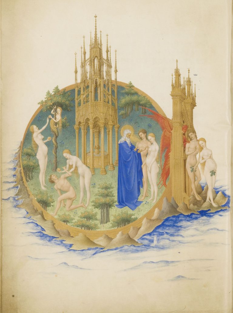 Four scenes of the Fall and Expulsion within a circular walled paradise. It depicts the serpent tempting Eve, Eve offering the fruit to Adam, God reproaching them, and an angel driving them out, rendered in an ornate, International Gothic style