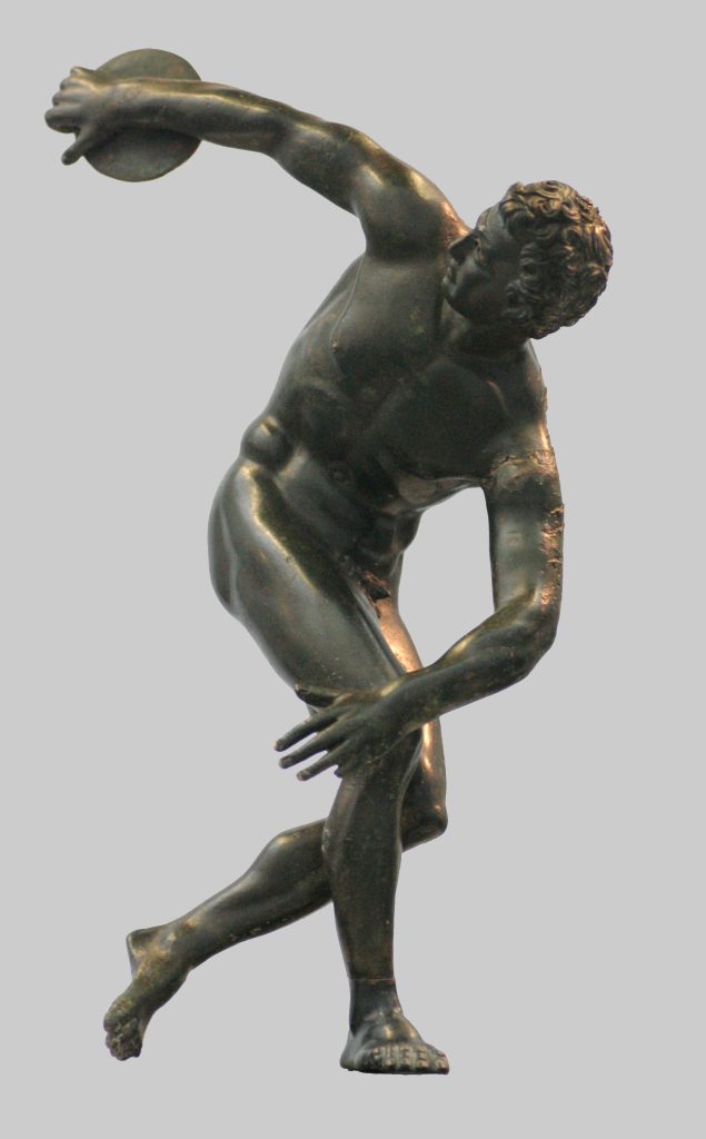 Early Classical Greek sculpture depicting a discobolos, a nude athlete moments before throwing a discus
