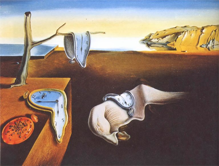 Barren landscape where, in the lower-left, a vibrant orange pocket watch lies face down, swarmed by ants