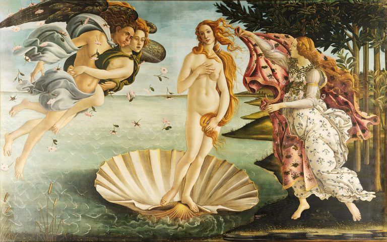 The the goddess Venus arriving at the shore on a seashell, blown by wind gods, representing divine love and beauty