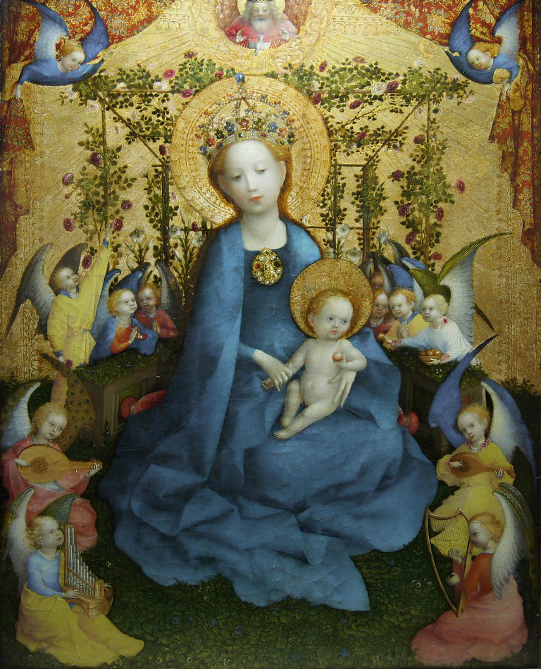 The Virgin Mary as the "Queen of Heaven" seated in a lush, enclosed rose garden (hortus conclusus), radiating tender, idealized intimacy.
