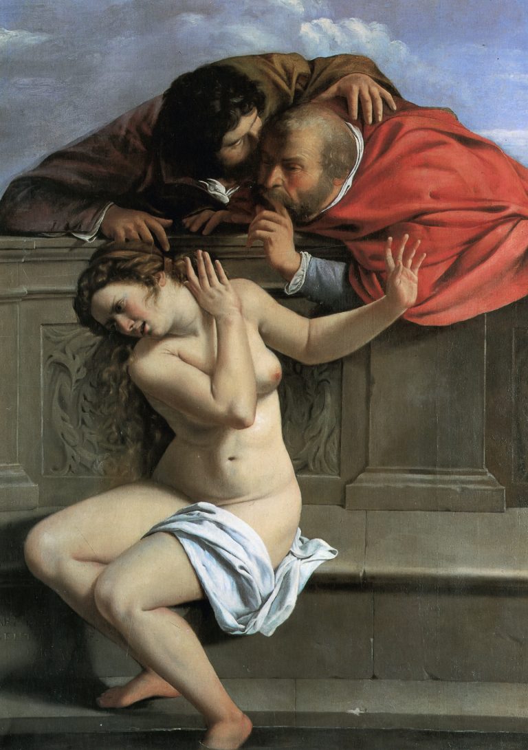 A biblical scene of Susanna's sexual harassment by the elders with intense psychological realism.