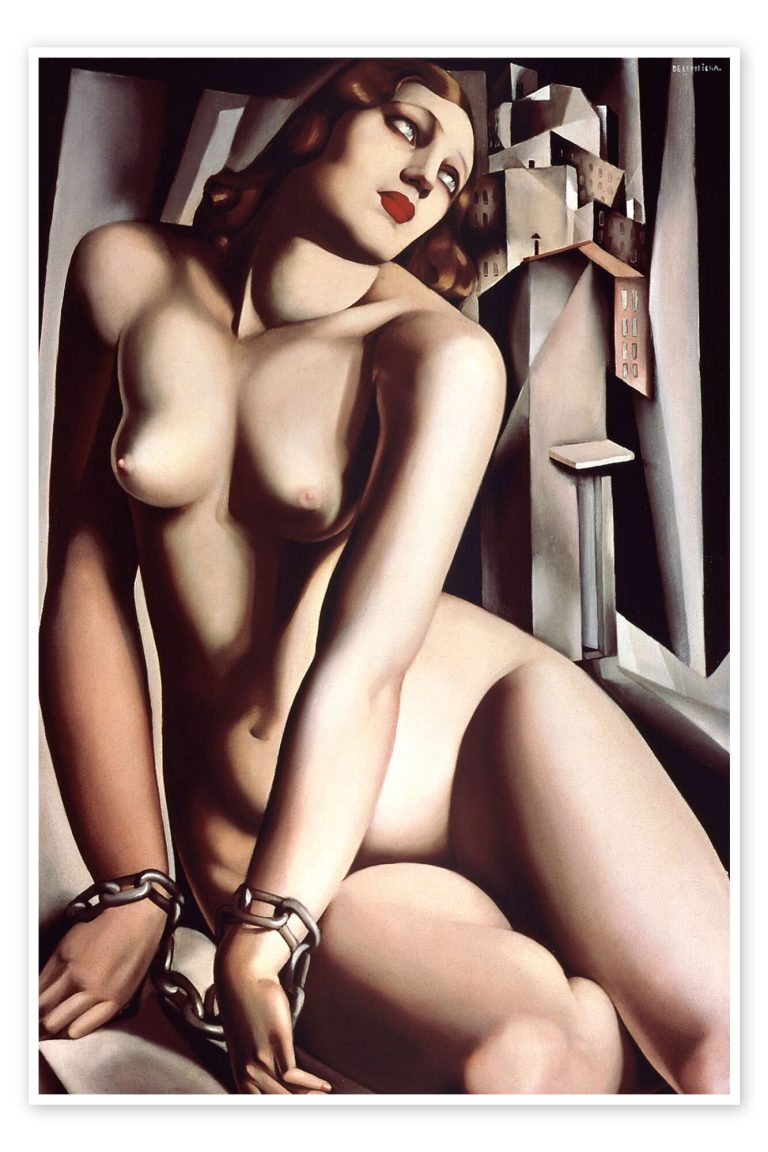 A reclining nude woman rendered in a smooth, sculptural Art Deco style. Her body is painted with soft, luminous tones and dramatic shadows, emphasizing rounded forms against a dark, minimal background.