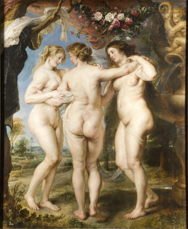 Three nude goddesses (Aglaea, Thalia, and Euphrosyne) in a circular, dance-like embrace