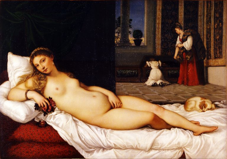 A nude young woman, traditionally identified with the goddess Venus, reclining on a couch or bed