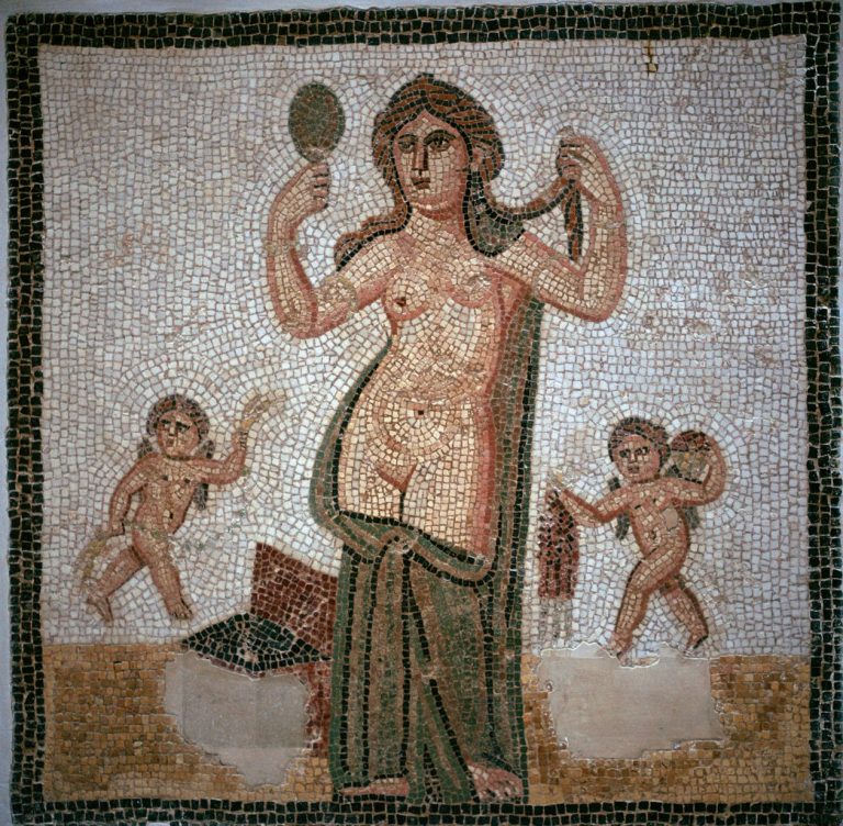 Venus engaging in bathing or grooming rituals, set within a luxurious context