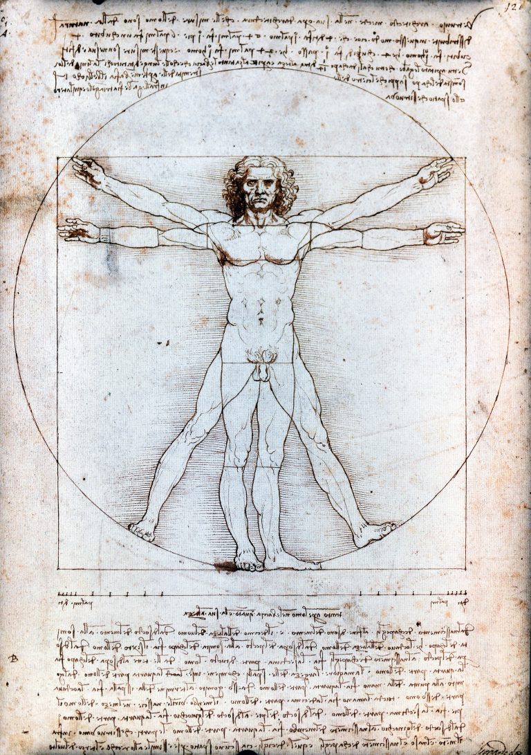 pen-and-ink drawing on paper featuring a nude male figure in two superimposed positions within a circle and a square. It illustrates human body proportions based on Vitruvius' ancient texts