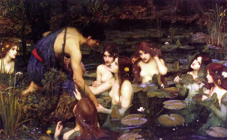 The youth Hylas, a companion of Hercules, being seduced and pulled into a lily-covered pond by seven beautiful water nymphs (Naiads), symbolizing dangerous, alluring temptation