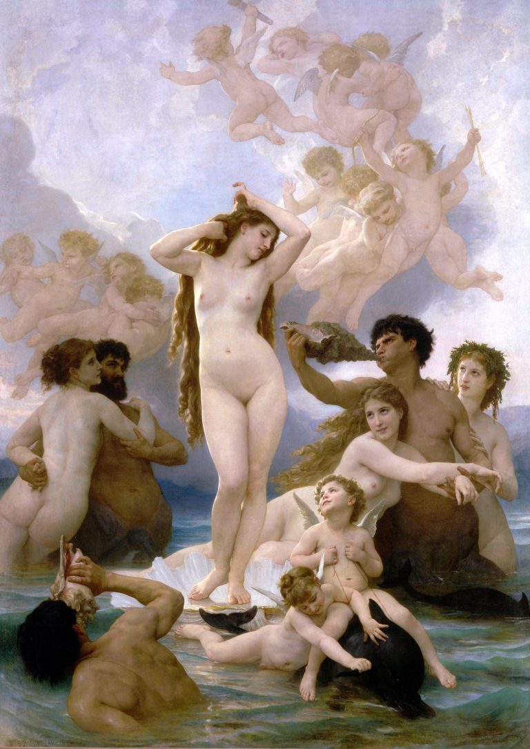 The goddess Venus emerging from the sea on a shell, surrounded by sea nymphs, centaurs, and putti in a technically precise, highly idealized, and sensual composition.
