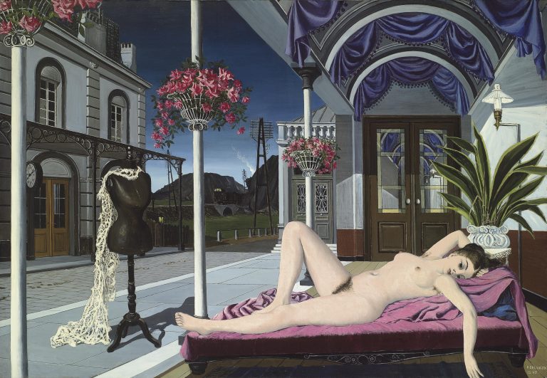 A strange encounter between a sensual reclining nude and a dark mannequin draped in a white bridal-like shawl.