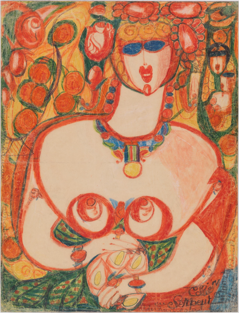 A woman with flowing hair, ornate jewelry, and a snake-like necklace in vivid reds, blues, and greens