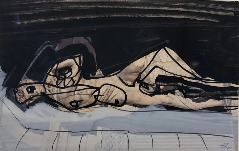 Abstract black-and-white painting of a distorted reclining figure with layered brushstrokes and expressive, fragmented forms.