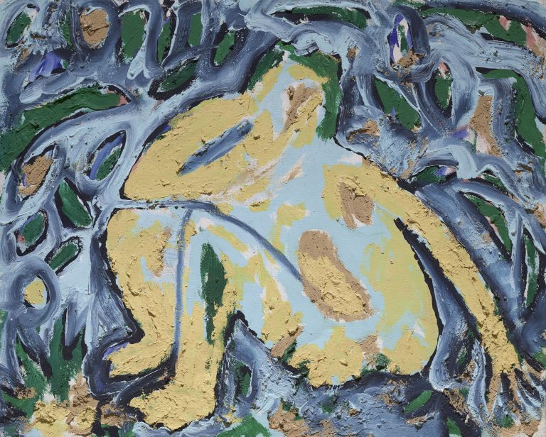 Raw expressive painting of a seated female figure with thick textures, earthy tones, and distorted, powerful forms