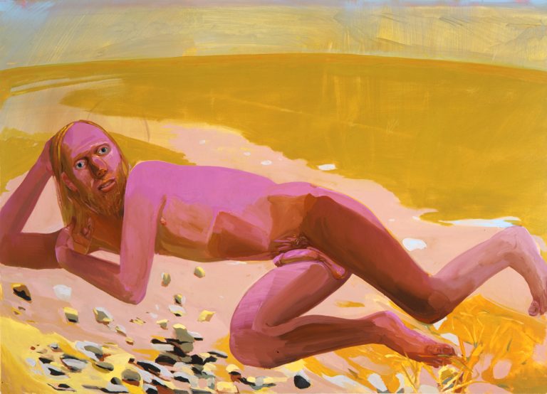 Figurative painting of a reclining nude male figure with exposed genitals, rendered in expressive, loosely constructed brushstrokes and distorted, experimental proportions.