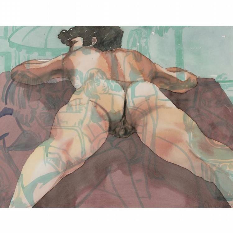 Male nude figure depicted in a fragmented, layered composition with overlapping imagery, subdued tones, and abstracted spatial context