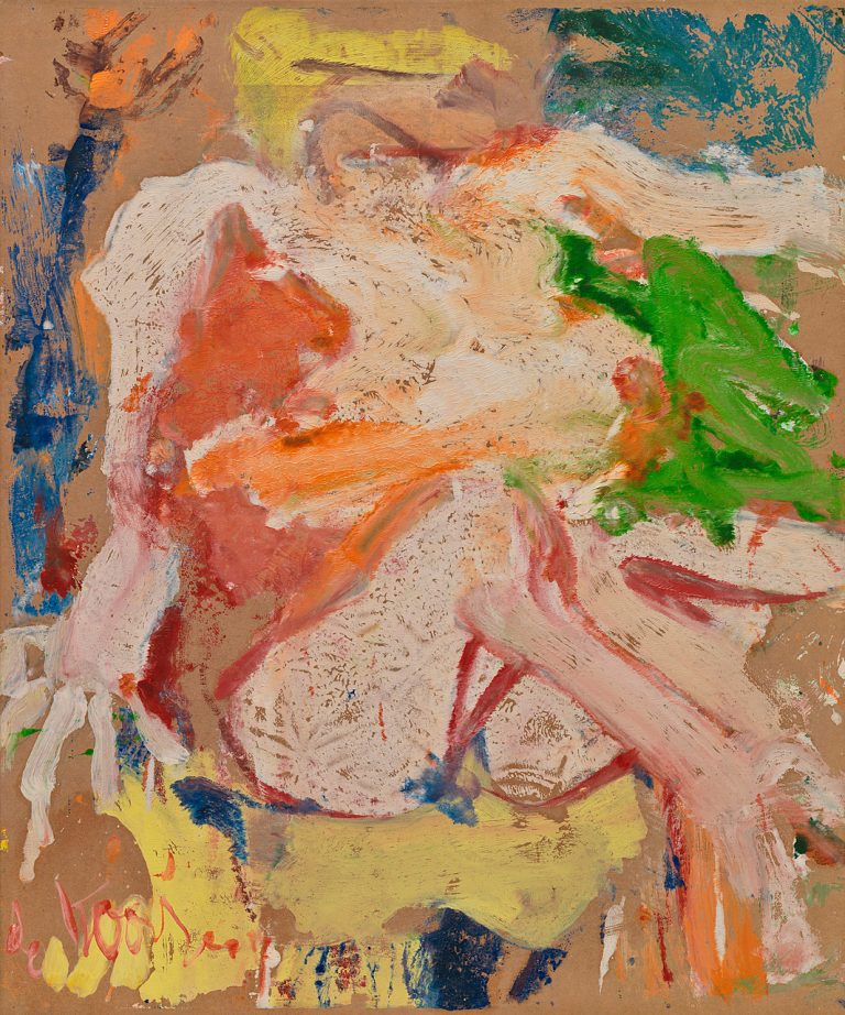 Abstract painting of a seated nude woman with bold brushstrokes, fleshy tones, and a chaotic beach-like background