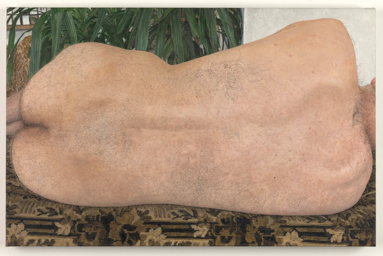 Close-up realist painting of a nude male torso seen from behind, with visible skin texture, body hair, and detailed rendering of buttocks in naturalistic tones.