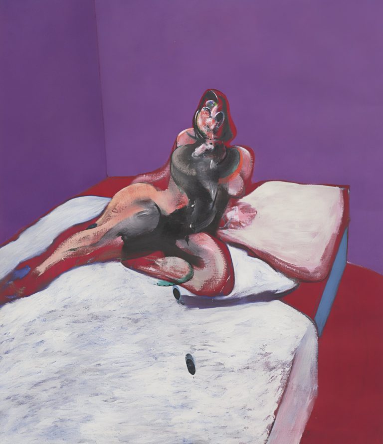 Distorted reclining female figure on a bed, rendered in intense, smeared brushstrokes and dark, haunting tones