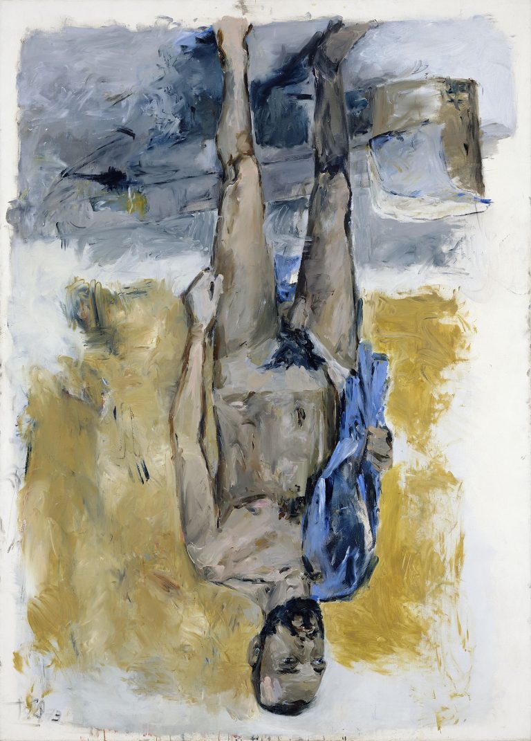 Expressive figurative painting of a distorted nude body with rough brushwork, dark tones, and emotionally charged forms