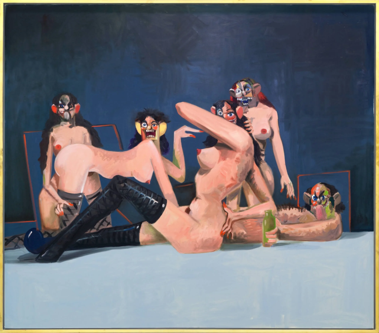 Multiple distorted nude bodies entangled together, with exaggerated facial features, fragmented anatomy, and chaotic, expressive brushwork