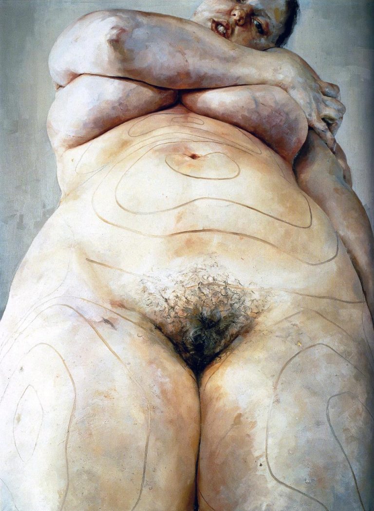 Large-scale painting of a reclining nude female body with exposed breasts and pubic area, rendered in thick, flesh-toned brushstrokes emphasizing weight, skin folds, and corporeal mass.